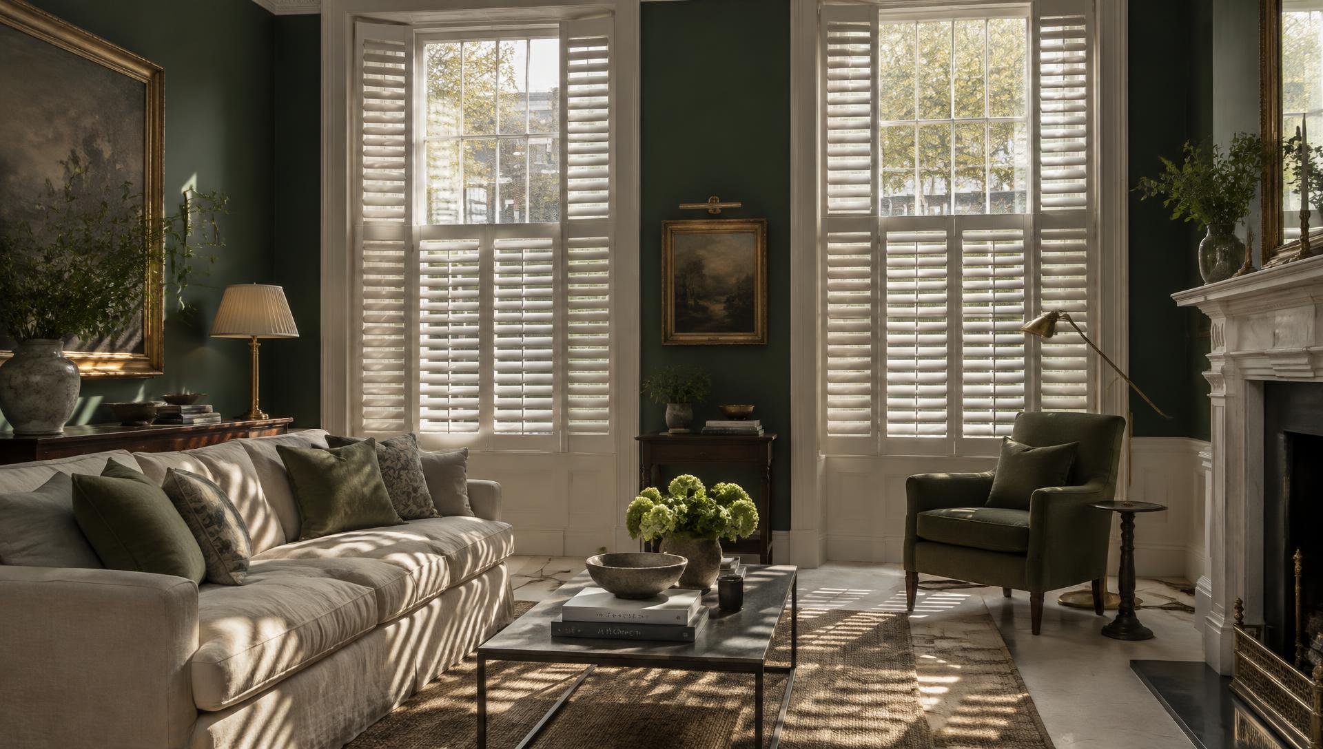 Full-height ivory plantation shutters in a green-walled Georgian drawing room